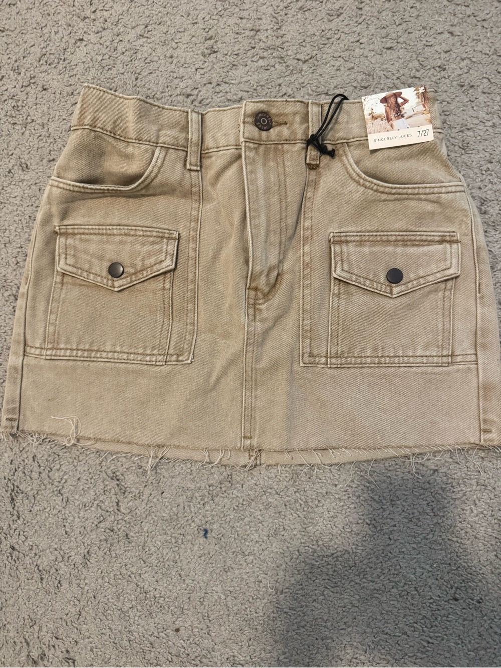 Sincerly Jules Tan Utility Denim Mini Skirt with Front Flap Pockets